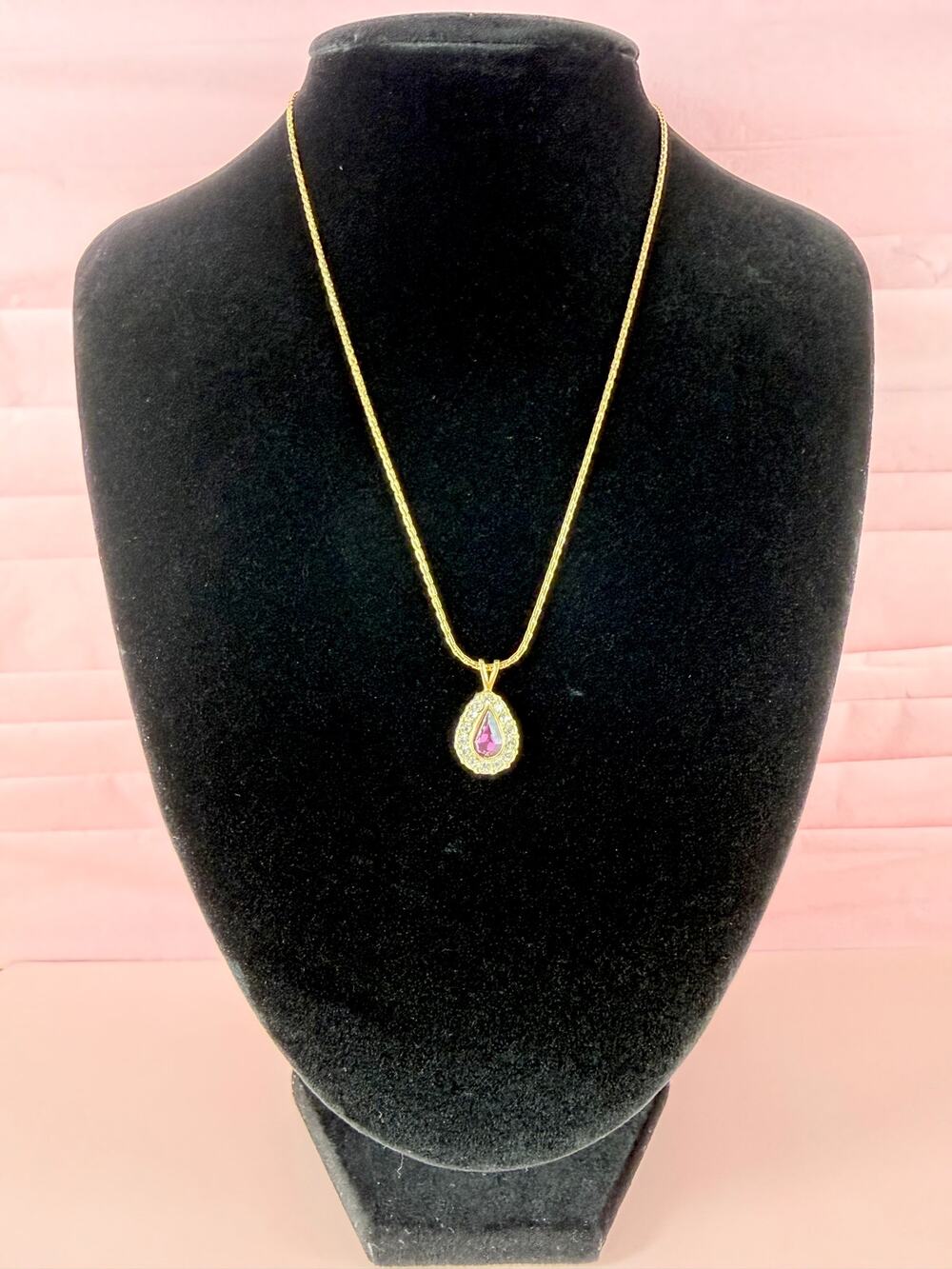 Vintage Avon Dark Purple Tear Drop Crystal Gold Tone 16" Necklace